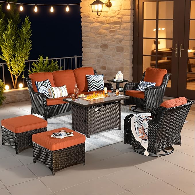 ovios 7-Pieces Patio Furniture Set with 42 Inch Fire Pit Table Swivel Chairs, Outdoor Wicker Sofa Couch Gliders Rocker, High Back Modern Conversation Set, Brown Rattan, Orange Red