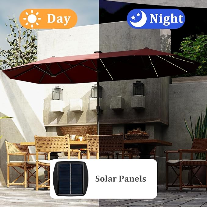 HAPPYGRILL 13 FT Double-sided Patio Umbrella with Solar Lights, Crank Handle & 12 Heavy-Duty Ribs, Outdoor Twin Size Oversized Rectangle Market Umbrella for Garden Deck Poolside