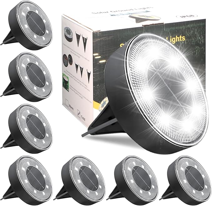 Siatom Solar Ground Lights 8 Pack, IP68 Waterproof Solar In-Ground Light for Outdoor, Flat Landscape Lighting, Garden Disc Light for Pathway, Walkway, and Yard - 8 Pcs (Cool White)