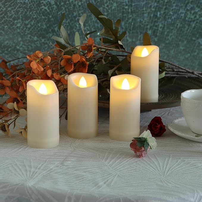 iZAN 4 Pack Flameless Battery Operated LED Pillar Candles with Remote Outdoor Waterproof Flickering Decorative Lights for Halloween Christmas Home Kitchen Décor Wedding Party Event Decorations 2”x4”