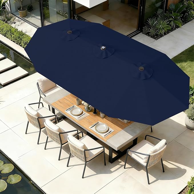 AreShark 15FT Patio Umbrella with Solar Lights, Double Sided Outdoor Table Umbrellas with Crank, Large Rectangular Market Umbrella for Porch, Lawn, Pool, Backyard, Navy