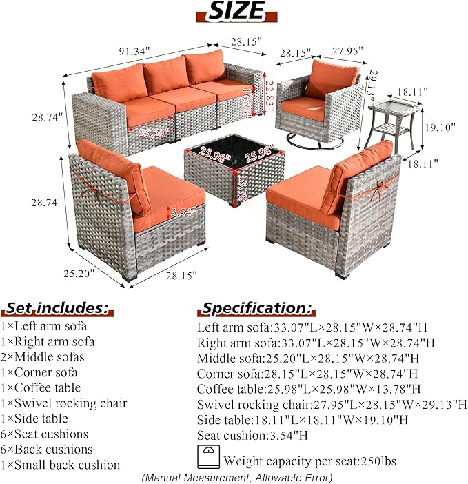 HOOOWOOO Outdoor Patio Sectional Furniture Sofa Set with Swivel Rocking Chair,8 Piece Modern Wicker Couch with Widened Armrest,Modular Conversation Seating Set for Garden(Orange Red)