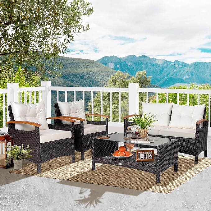 HAPPYGRILL 4 Piece Patio Conversation Set Rattan Sectional Sofa Set with Soft Cushions and Coffee Table, Outdoor Wicker Furniture Set with Acacia Wood Armrests, Perfect for Poolside, Garden, Backyard