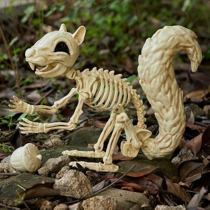 JOYIN Squirrel Skeleton Halloween Decoration 9.1 Inch Animal Posable Skeletons Movable Joints Plastic Bones with Pine Cones for Halloween Haunted House Decor Spooky Scene Garden Patio Party Prop
