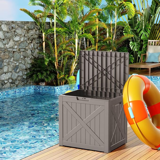 PatioZen 32 Gallon Resin Deck Box, Lockable Outdoor Storage Box for Patio Cushions Storage Furniture,Garden Tools, Pool Supplies, Weatherproof and UV Resistant (Grey)