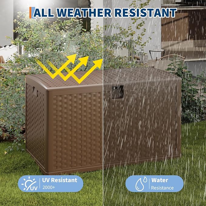 IDEALHOUSE 120 Gallon Resin Deck Box, Waterproof Outdoor Storage Box with Lockable Lid & UV Resistant, Patio Furniture Cushion Storage Container for Garden, Backyard, Poolside (Brown)