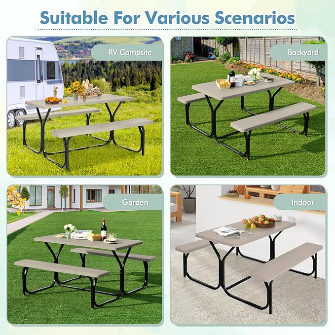ORALNER Picnic Table, Plastic Dining Table & 2 Benches Set, Weather Resistant Wood Grain Resin Tabletop & Steel Frame, Picnic Tables for Outdoors, Porch Yard Patio Lawn Party Camping (Light Brown)