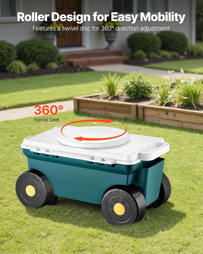 VEVOR Small Garden Seat, 2 in 1 Rolling Garden Cart with Storage Bin, Supports up to 227 lbs, Compact Outdoor Garden Scooter with Handle, Garden Stool for Yard Weeding Planting