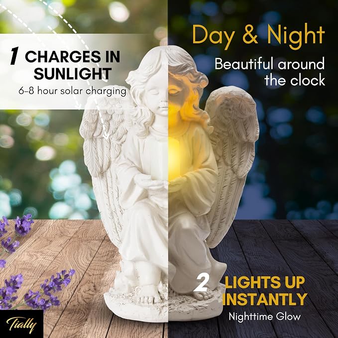 Solar Angel Garden Statue with Candle, 12" Guardian Memorial Outdoor Light | Bright all-night warm candle glow, true-to-size 12in, weatherproof resin built to last - no dim lights or dead battery