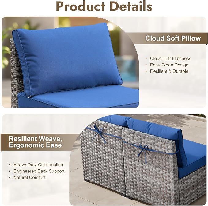10 Pieces Outdoor Patio Sectional, Wicker Patio Furniture Set with 42 inch Fire Pit Table, All-Weather L Shaped Patio Conversation Set with Swivel Chairs, for Backyard Porch Yard,Navy Blue