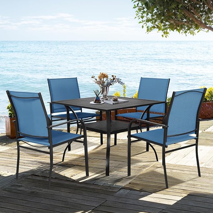 SUNCROWN 6 - Piece Outdoor Dining Set, Patio Furniture Set with 4 Textilene Dinning Chairs, 1 Steel Slat Metal Bistro Table and 1 Dark Blue 9Ft Patio Umbrella for Lawn Garden Backyard Deck, Dark Blue