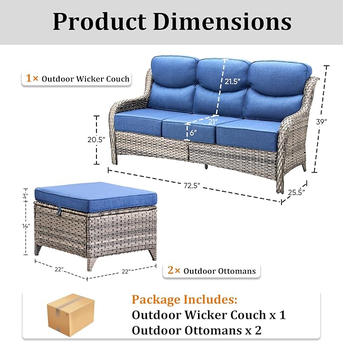 3 Pieces Patio Furniture Sofa Set with 6" Thick Cushions, High Back Wicker Sectional Outdoor Sofa with Ottomans, Outdoor Furniture High Back Conversation Set for Balcony Deck Porch Backyard, Grey/Blue