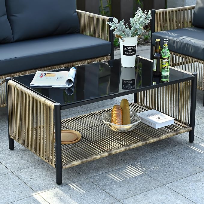 4 Pieces Aluminum Outdoor Patio Furniture Set - 2 Pcs Armchair, Loveseat & Dual-Layer Coffee Table - Rope Sectional Conversation Sofa Sets with Washable Thick Cushion for Garden, Backyard, Porch