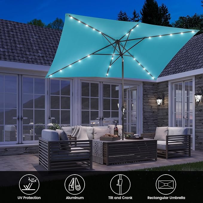 MONDAWE Rectangular Market Umbrella with Lights 10 x 6.5 FT Outdoor Solar LED Patio Umbrella Tilt and Crank Aluminum Commercial Table Umbrella for Pool Backyard Balcony