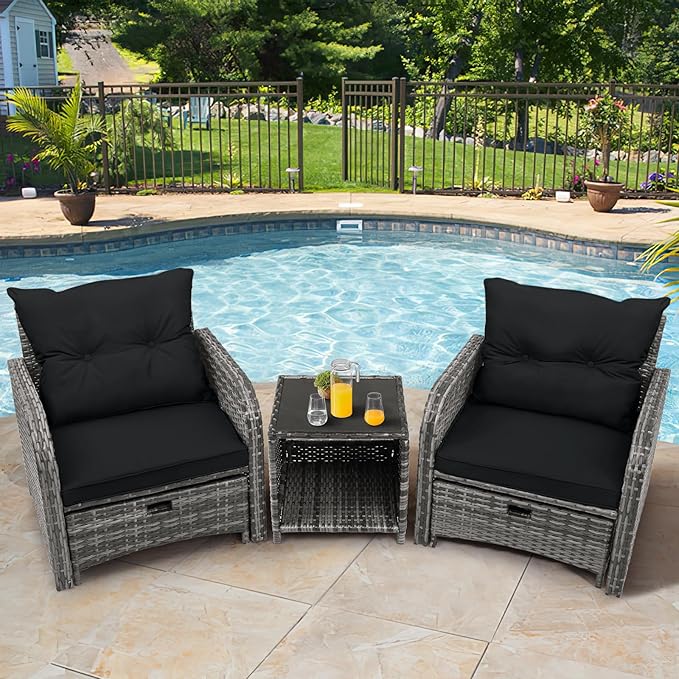 5 Pieces Wicker Outdoor Patio Chairs with Ottoman, PE Wicker Rattan Patio Conversation Furniture Set with Underneath Footrest, Wicker Outdoor Patio Chairs and Ottoman Set with Table, Black
