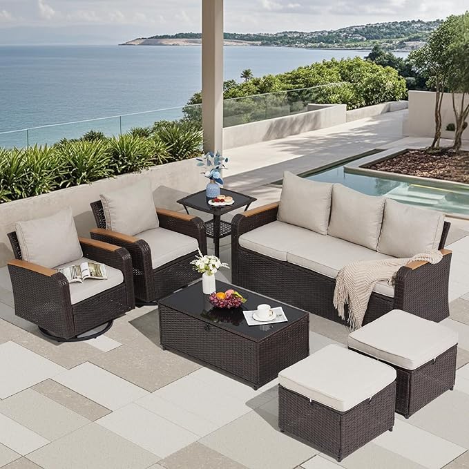 7 Pieces Outdoor Furniture Set with Swivel Chairs, Wicker Patio Furniture for Porch Deck Bistro Lawn Garden Backyard Poolside- Brown Rattan/Khaki