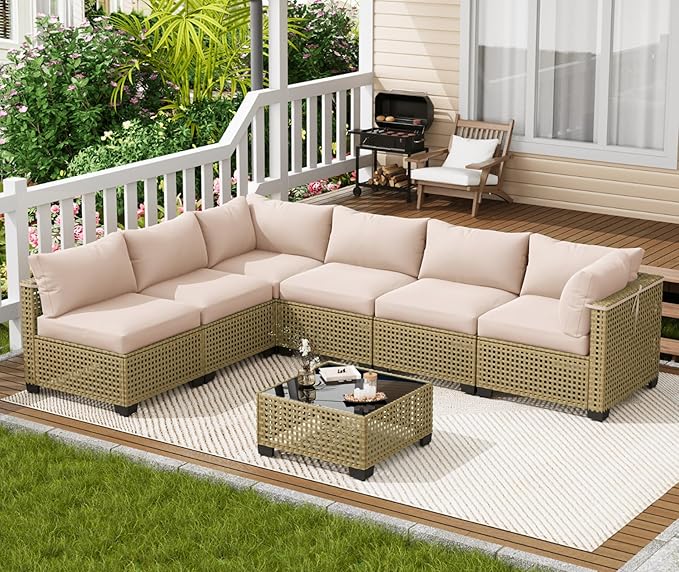 7 Piece Outdoor Patio Furniture Set, Rattan Chairs Glass Table Wicker Conversation Seating Sectional Sofa with Cushions (Yellow-Beige, 7Pcs-Straight Back)