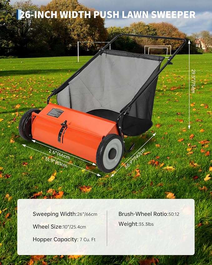 Heavy-Duty 26-Inch Hand-Push Lawn Sweeper with 7 Cu.ft. Collection Bag & Adjustable Brush Reel - Ideal for Picking Up Grass, Leaves, and Yard Debris on Any Terrain