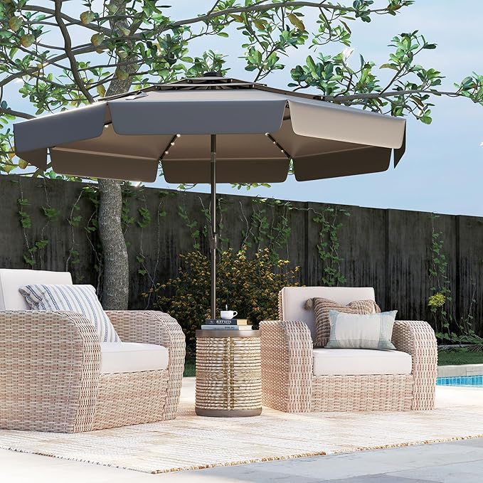 Tangkula 10 FT Solar LED Patio Umbrella, 3-Tiers Scalloped Outdoor Table Market Umbrella with 32 LED Lights, Tilt Adjustment, Crank, 8 Sturdy Ribs for Pool, Deck, Backyard (Gray)