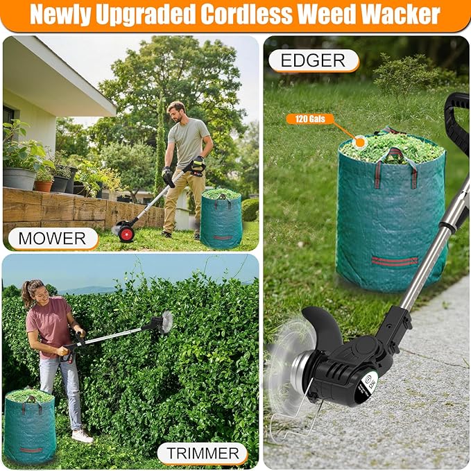 Cordless Weed Wacker Eater Battery Powered Electric Weed Trimmer with 2 21V/2.0Ah Battery Operated & Weed Storage Bag, No-String Grass Trimmer 4 Types Blades for Garden Yard
