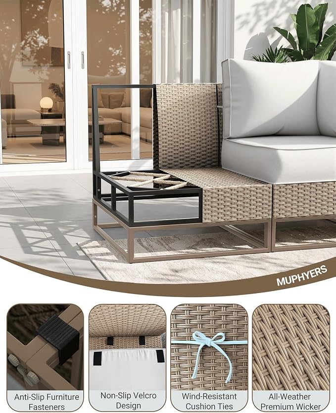 Outdoor Patio Furniture Set 12-Piece PE Rattan Wicker Outdoor Sectional Sofa with Thickened Cushions and Chunky Arms, Modern Modular L-Shaped Conversation Set for Garden, Backyard, White