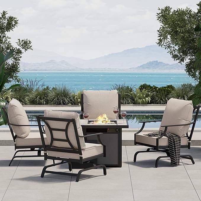 Grand patio 5-Piece Outdoor Furniture Set with 32'' Square Ceramic Tile Tabletop 50,000 BTU CSA Approved Fire Pit,4 Rocking Patio Chairs with Olefin Cushions and Pillows-Beige