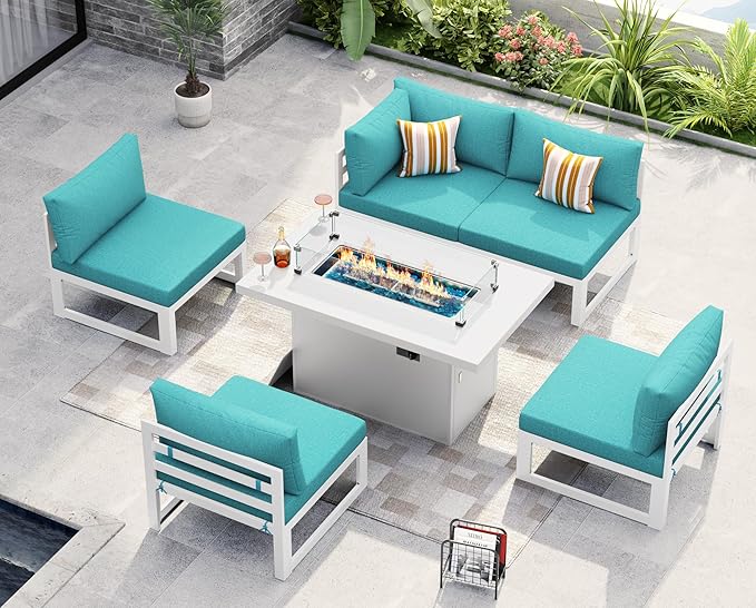 NICESOUL® 6 Piece Extra-Large White Aluminum Frame Outdoor Patio Furniture Set with Propane/Natural Gas Fire Pit Table, 29'' Deep Wide Seating Conversation Sofa, L Shaped Sectional Couch Set, Teal