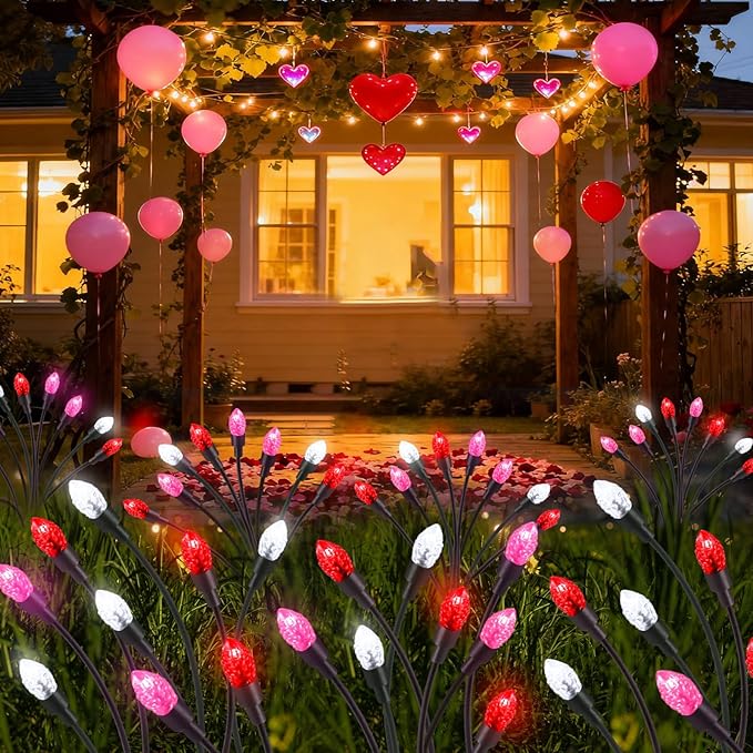 Rossesay 4 Pcs St Patricks Day Outdoor Decorations Solar Lights Waterproof Green 48 LED Swaying Pathway Firefly Stake Lights for Outside Yard Garden Lawn Decorations(Pink White,Pine Cone)