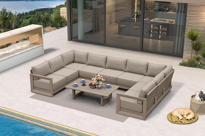 PURPLE LEAF Patio Furniture Set U-Shaped Outdoor Couch with 9.6" Thick Cushion and Soft Pillows 10 Piece Outdoor Sectional Sofas with Table Modern Outdoor Conversation Sets for Yard Porch Deck, Khaki