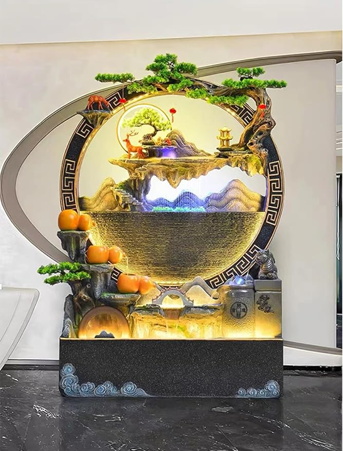 Magnificent 5.8ft Cement Standing Fountain with Lighting Zen Garden Design | Indoor and Outdoor use | Rain and UV Protection (Small Black)(Small Retro Color)