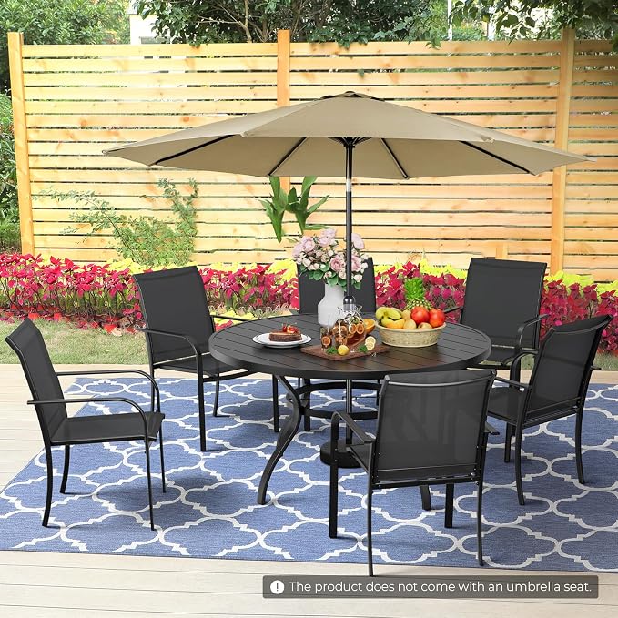 Incbruce 8 PCS Patio Dining Set with Brown Umbrella, Outdoor Dining Set of 6 Textilene Chairs and 53" Round Table with Umbrella Hole for Backyard, Garden, and Poolside (Black)