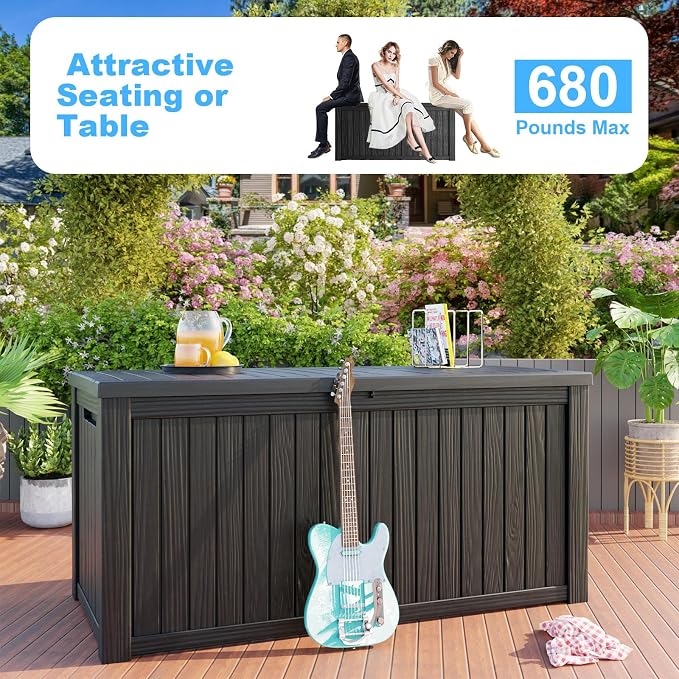 PatioZen 200 Gallon Deck Box,Resin Outdoor Storage Box with Lockable for Patio Furniture, Pool Accessories, Garden Tools Waterproof Outside Storage Box (Black)