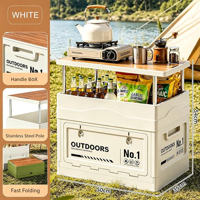 2-in-1 Foldable Outdoor Storage Box with Tabletop Lid, Large Capacity Collapsible Camping Crate, Multi-Use Organizer for Picnic, Home, and Car Trunk
