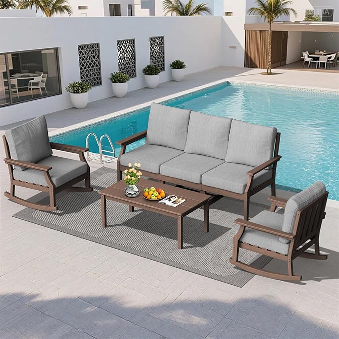 HDPE Patio Conversation Set, 6-Piece All Weather Outdoor Furniture Set with 2 Single Rocking Armchairs for Deck, Lawn, with Cushion, Brown