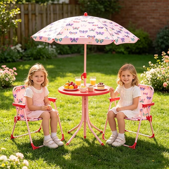 KOTEK Kids Picnic Table with Umbrella, Outdoor Table & 2 Folding Chairs, Cute Pattern Children’s Patio Furniture, Portable Kids Table and Chair Set for Backyard, Garden, Beach (Pink Butterfly)
