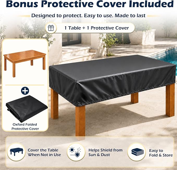 Outdoor Teak Coffee Table, 40" Wooden Patio Coffee Table with Protective Cover, Solid Teak Outdoor Coffee Table for Patio, Garden, Poolside, Balcony and Backyard