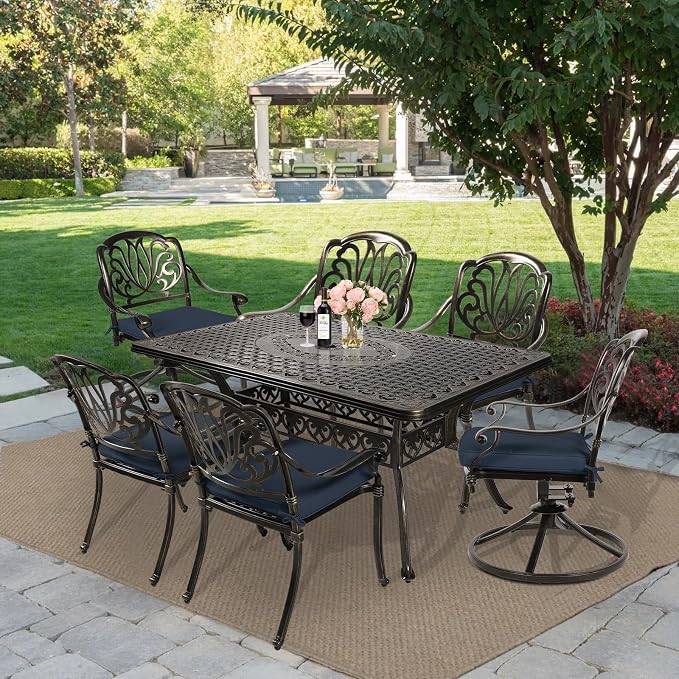 MEETWARM 7-Piece Outdoor Patio Dining Set, All-Weather Cast Aluminum Patio Conversation Set with 2 Swivel Rocker Chairs, 4 Stationary, 1 Rectangular Table, 6 Cushions, 2" Umbrella Hole, Navy Blue