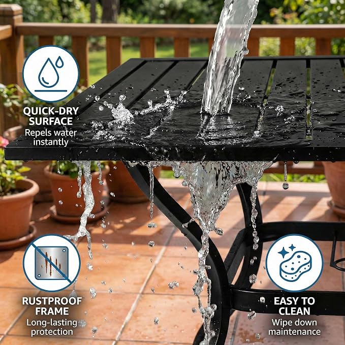 Square Metal Steel Slat Patio Dining Table for 4 Persons, Outdoor Bistro Table with Umbrella Hole, Rust-Resistant Finish for Backyard Garden