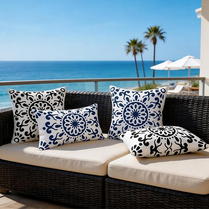 Set of 2 Navy Blue Outdoor Waterproof Pillow Covers 18x18 Inch | Morocco Tile Floral Decorative Throw Pillow Cover, Abstract Boho Outdoor Cushion Cases for Patio Funiture Garden Couch Bench