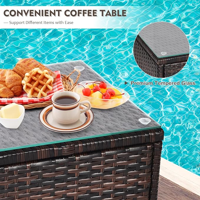 DORTALA 3 Piece PE Rattan Patio Furniture Set, Outdoor Chairs & Table Set with Tempered Glass Top & Cushions, Wicker Conversation Set for Garden Backyard, Turquoise