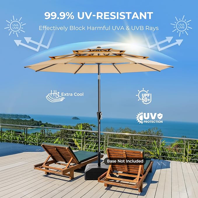 HOMSHADE 9FT 3-Tiers Outdoor Patio Umbrella with 5-Year Fade Resistant,Vented Outdoor Commercial Market Umbrella with UPF50+ UV Protection & Push Button Tilt and Crank for Pool,Backyard(Beige)