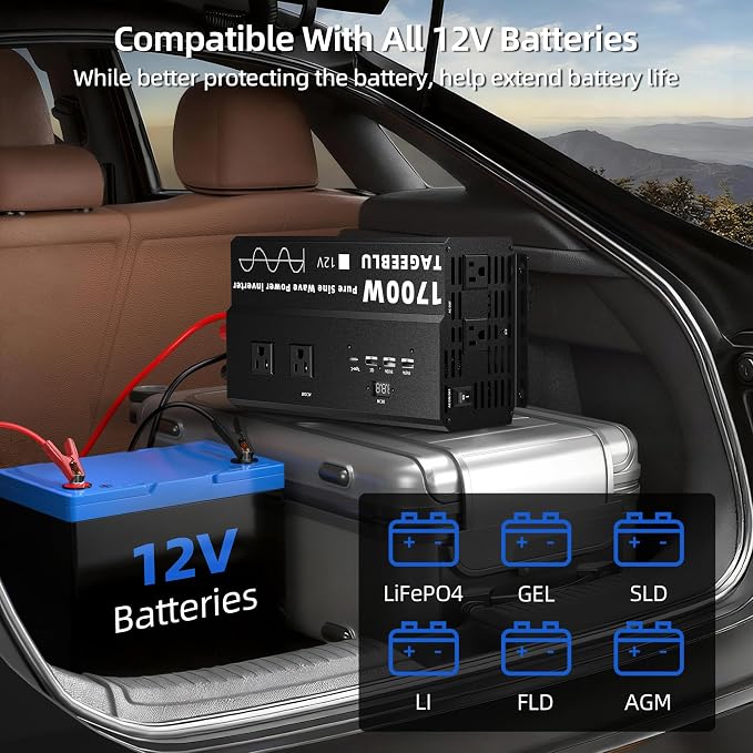 Pure Sine Wave Inverter [1700W] - 3400W Surge, 12V DC to 110V AC Heavy Duty Power Inverter for RV, Truck, Home, Solar, Off-Grid, Outdoor, Car Converter with 4 AC Outlet & 4 USB (30W QC & PD)