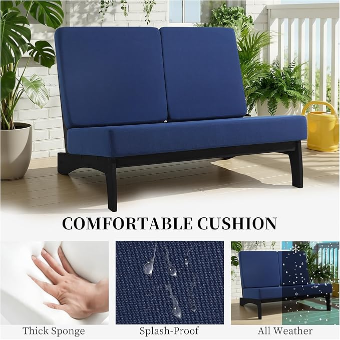 UIXE 2 Pieces All Weather Wood Patio Furniture Sets, Patio Loveseat Outdoor Sofa with Solid Wooden Coffee Table, Black Teak - Navy Blue