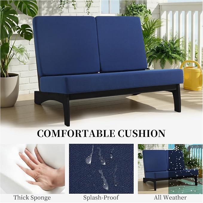 Outdoor Furniture Patio Couch, Weather Resistant Patio Loveseat Sofa Couch with Removable Cushion & Pillows, Black Wood Frame for Porch & Backyard Seating - Navy