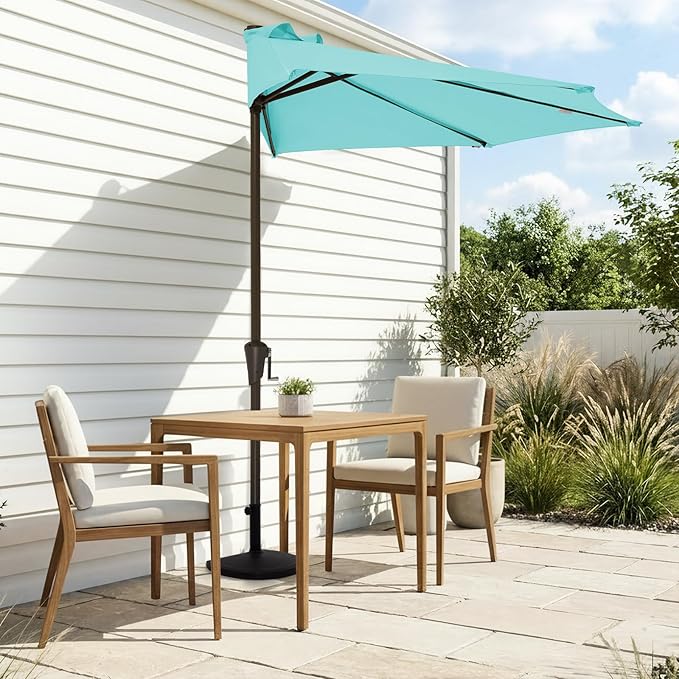 JEAREY 9ft Half Umbrella Outdoor Patio Umbrella Market Umbrellas with Crank, 1/2 Round Wall Umbrella 5 Sturdy Ribs UV Protection for Pool Garden Balcony Deck, Teal Blue