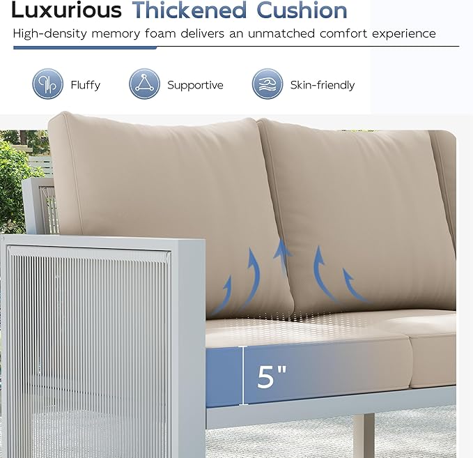 UDPATIO Aluminum Patio Furniture Set with Coffee Table, 4 Piece Aluminum Outdoor Furniture Set, Modern Patio Conversation Sets with Thickend Cushions and PE Rope, for Garden, Porch, Balcony, Beige