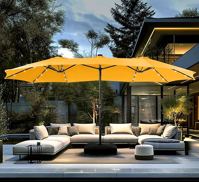 PHI VILLA 15ft Large Patio Umbrella with Solar Lights, Double-Sided Outdoor Market Rectangle Umbrellas with 36 LED Lights, Umbrella Base (Stand) Included, Golden Yellow