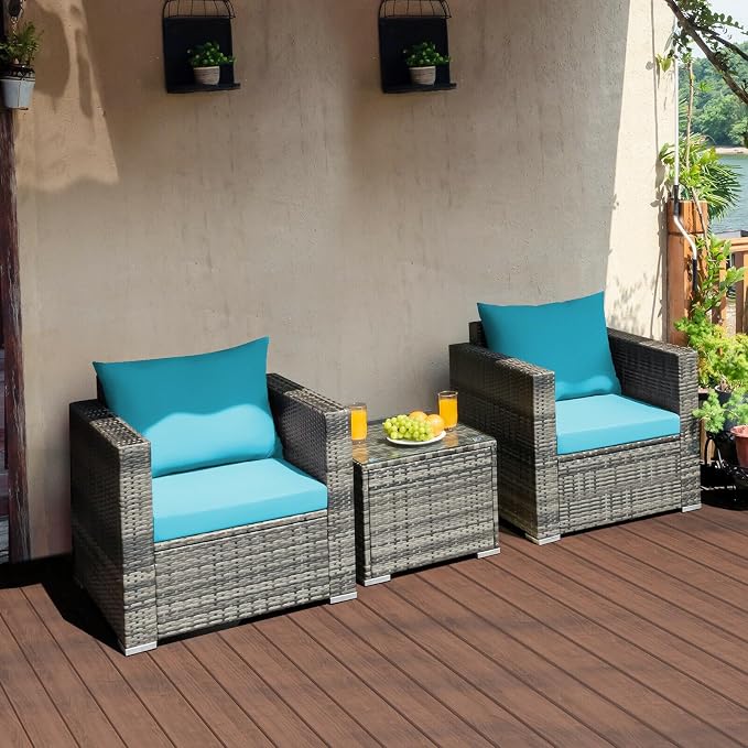 MARURY 3 PC Patio Rattan Furniture Bistro Set Outdoor Furniture Modern Conversation Set with Loveseat and Coffee Table, for Porch, Garden, Balcony