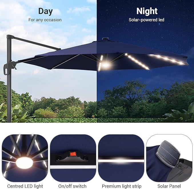 FLAME&SHADE 11 ft Cantilever Offset Patio Umbrella, Large Heavy Duty Outdoor Patio Umbrella Aluminum 360° Rotation Round Outdoor Umbrella for Deck,Pool,Backyard
