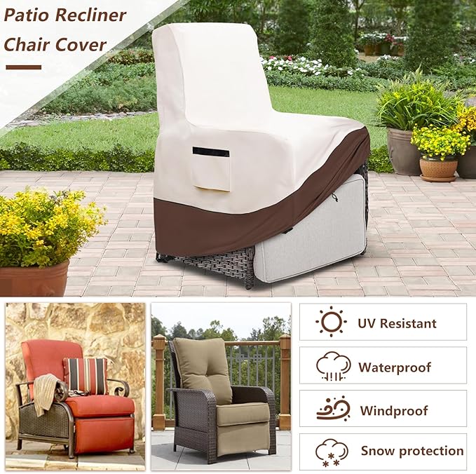 Outdoor Recliner Chair Cover,600D Heavy Duty Waterproof Patio Chair Covers,Outdoor Furniture Covers for Lawn/Garden Recliner Chiar,Beige&Brown